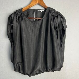 Naked Zebra Ruched Drawstring Shoulder SL‎ Blouse Black Top Elegant Party Medium